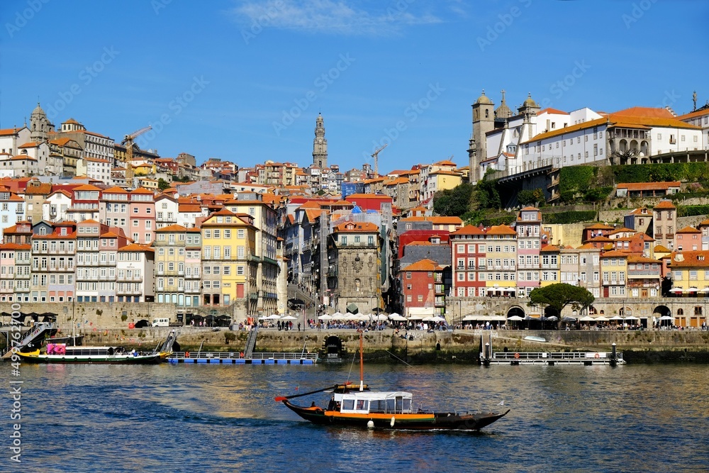 Amazing panorama of Porto and Douro River with boats, Portugal