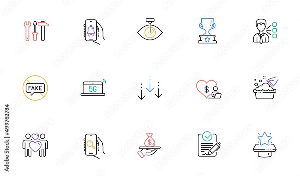 Rfp, Bell alert and Third party line icons for website, printing. Collection of Love couple, Search app, Loan icons. Hand washing, Eye laser, Fake news web elements. Spanner tool. Vector Rfp, Bell alert and Third party line icons for website, printing. Collection of Love couple, Search app, Loan icons. Hand washing, Eye laser, Fake news web elements. Spanner tool. Vector