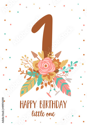 First birthday. Baby boho first birthday card template Pink tribal floral rainbow banner. Vector invitation