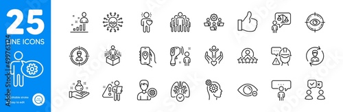 Outline icons set. Builder warning, Electronic thermometer and Eye target icons. Search employee, Cogwheel, Thoughts web elements. Group, People voting, Headhunting signs. Human rating. Vector