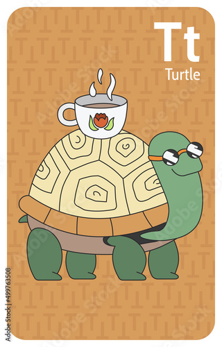 Turtle T letter. A-Z Alphabet collection with cute cartoon animals in 2D. Turtle with sunglasses is standing. Smiling green turtle with cup of tea on the shell. Hand-drawn funny simple style.