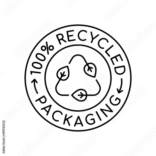 100% recycled packaging symbol. Triangle with leaves in a circle with recycle arrows. Eco friendly industry. Sustainable resources. Recycling materials sign. Line icon. Vector illustration, clip art.