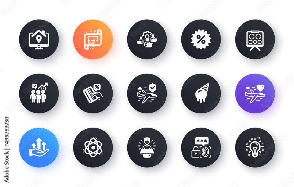 Minimal set of Flight insurance, Biometric security and Atom flat icons for web development. Honeymoon travel, Teamwork, Vision board icons. Ice cream, Business statistics. Vector