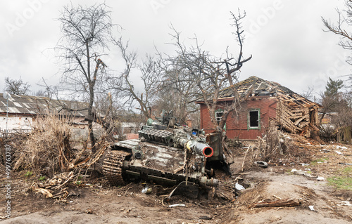 War in Ukraine. Destroyed Ukrainian tank in Chernihiv region