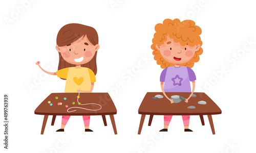 Creative kids playing Montessori educational games set. Cute girl playing with beads and stones cartoon vector illustration