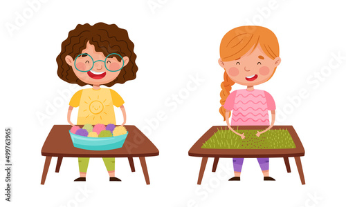 Creative kids playing Montessori educational games set. Cute girls playing with different objects lying on the table cartoon vector illustration