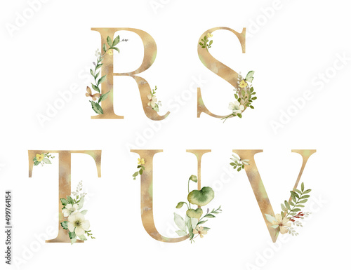 Floral vector golden alphabet, letters R, S, T, U, V.