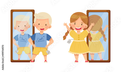 Cute boy and girl trying on fashionable clothes in front of mirror cartoon vector illustration