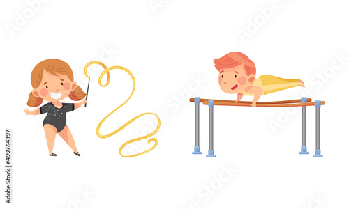 Kids gymnastic athletes practicing with sports equipment. Boy and girl doing rhythmic and sports gymnastics exercise with ribbon and horizontal bars cartoon vector illustration