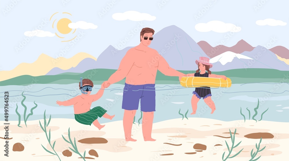 Fototapeta premium Vector cartoon family characters doing outdoor sports together,dad and little kids learn to swim-happy childhood,sporty healthy family relationships social concept,web site banner ad design