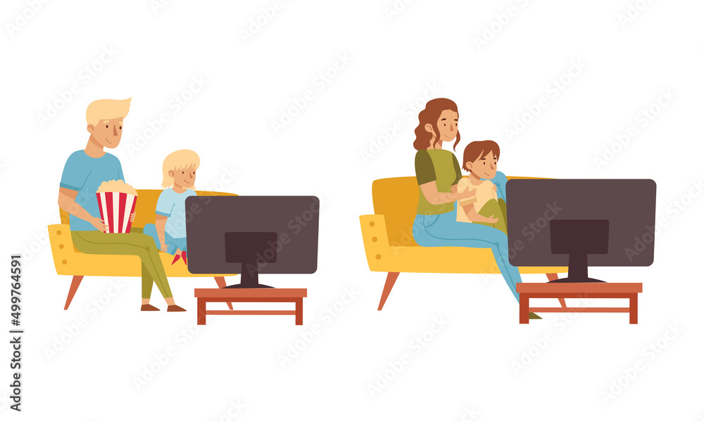 Family watching TV at home. Parents and kids spending time together vector illustration Family watching TV at home. Parents and kids spending time together vector illustration