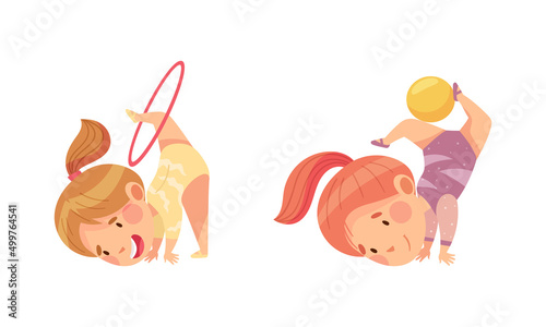 Kids gymnastic athletes practicing with sports equipment. Girls doing rhythmic gymnastics exercise with ball and hula hoop cartoon vector illustration