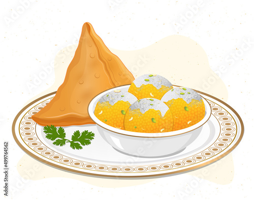 Indian Sweet Ladoo and Samosa Vector illustration