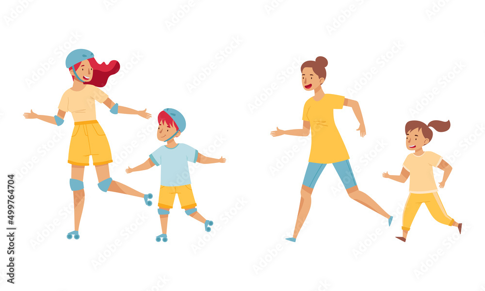 Family members spending time together set. Parents and kids rollerblading and running vector illustration