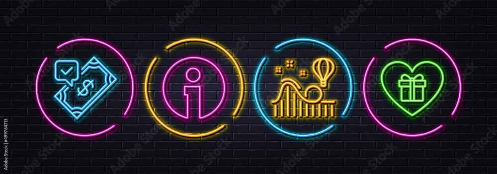Roller coaster, Info and Accepted payment minimal line icons. Neon laser 3d lights. Romantic gift icons. For web, application, printing. Attraction park, Information, Bank transfer. Vector Roller coaster, Info and Accepted payment minimal line icons. Neon laser 3d lights. Romantic gift icons. For web, application, printing. Attraction park, Information, Bank transfer. Vector