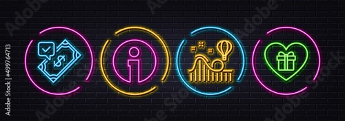 Roller coaster, Info and Accepted payment minimal line icons. Neon laser 3d lights. Romantic gift icons. For web, application, printing. Attraction park, Information, Bank transfer. Vector