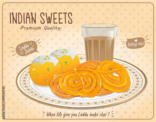 Ladoo, Jalebi and Indian Tea vector illustration