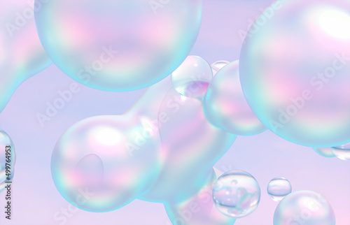 Abstract 3d art background. Holographic floating liquid blobs, soap bubbles, metaballs.