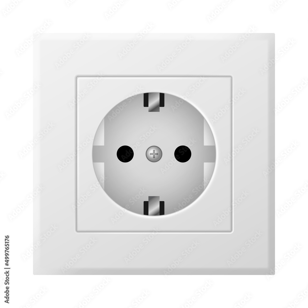 Realistic socket. 3d white plastic device for electric power. Isolated electrical equipment on wall Realistic socket. 3d white plastic device for electric power. Isolated electrical equipment on wall