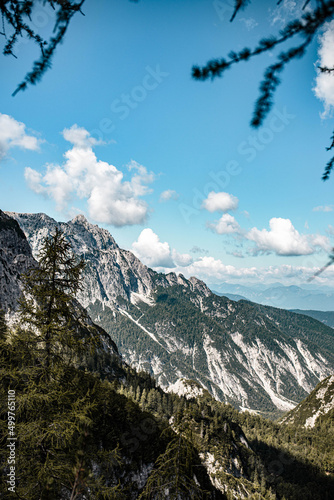 View from via alpina in Slovenia during a hike to Slemenova špica is late summer. photo