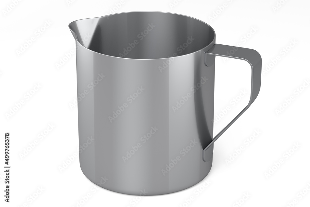 Stainless steel milk frothing pitcher cup with handle on white background. Stainless steel milk frothing pitcher cup with handle on white background.