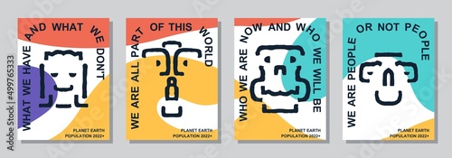 Set of posters with surrealistic portraits and philosophical slogans. Simple and understandable minimalistic graphics. Vector template