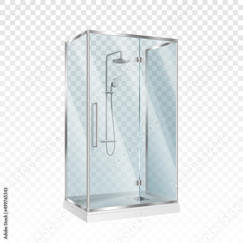 Realistic glass shower cabin with transparent door and cubicle faucet. Modern cabinet box