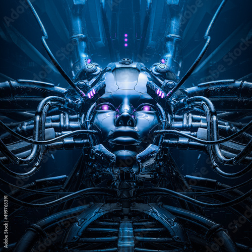 Prototype mother - 3D illustration of metallic science fiction female artificial intelligence inside futuristic computer core