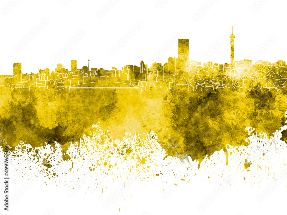 Obraz premium Johannesburg skyline in yellow watercolor on white background