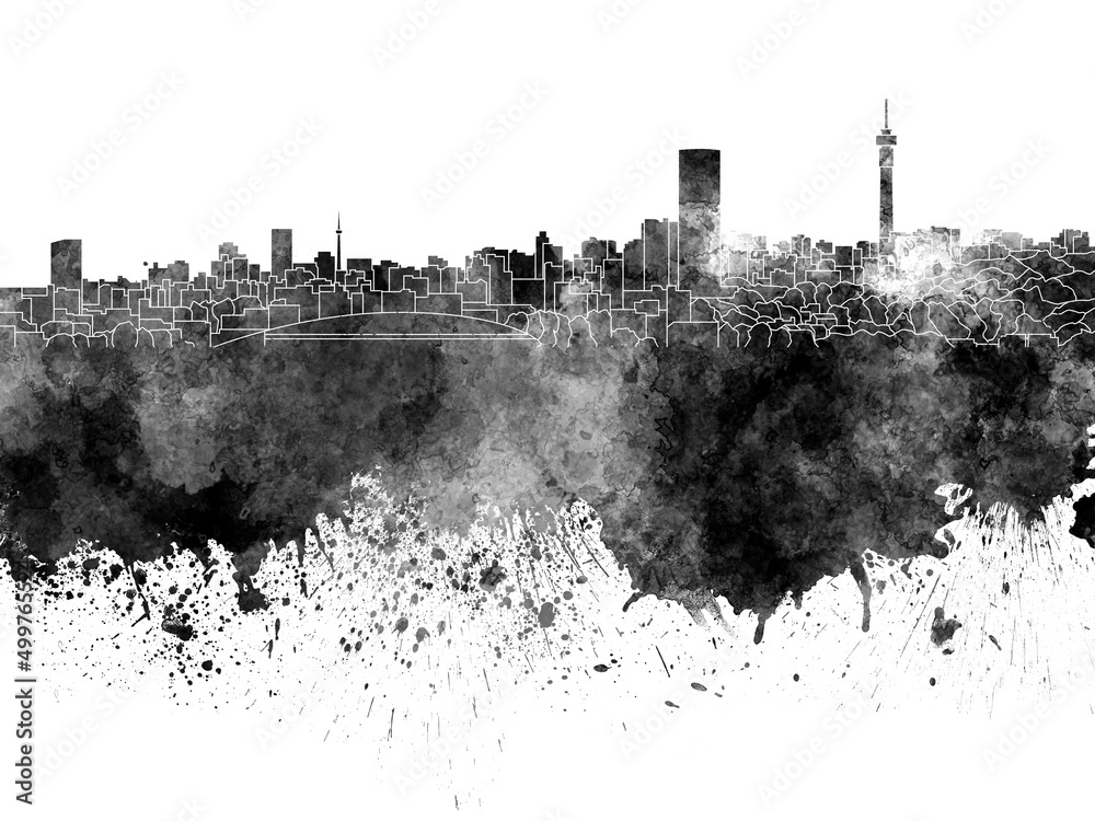 Fototapeta premium Johannesburg skyline in black watercolor on white background