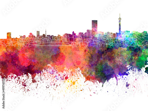 Johannesburg skyline in watercolor on white background