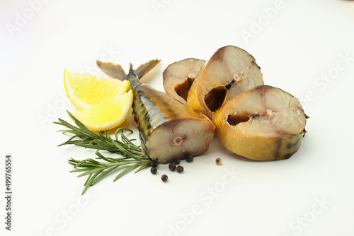 Fototapeta Naklejka Na Ścianę i Meble -  Concept of tasty food with smoked mackerel, close up