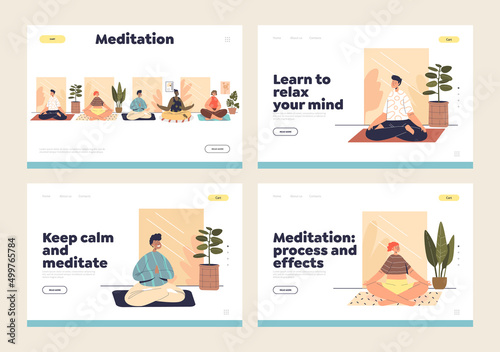 People meditating concept of template landing pages set with cartoon characters practice yoga