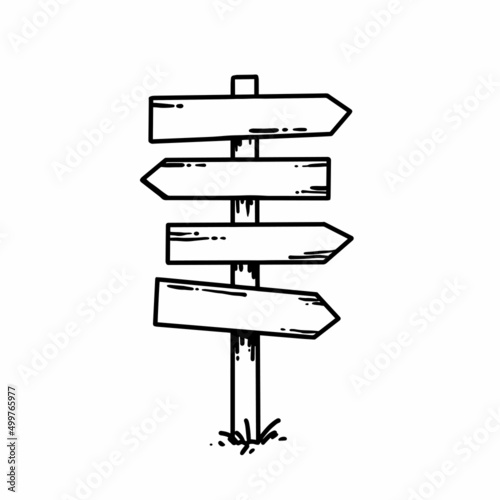 Vector monochrome black white hand drawn doodle bundle set of a road wooden timber sign post board with a blank space for text isolated on white background.