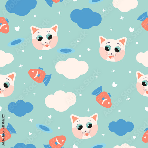 Seamless pattern with the image of a kitten's head, fish, clouds and stars. Vector illustration.