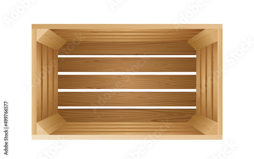 Realistic cargo storage wooden box. Wooden fruit crate with holes, empty top view
