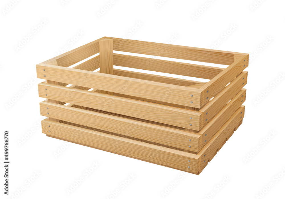 Wooden box for fruits and vegetables keeping. Empty garden crate. Angle view of timber container Wooden box for fruits and vegetables keeping. Empty garden crate. Angle view of timber container