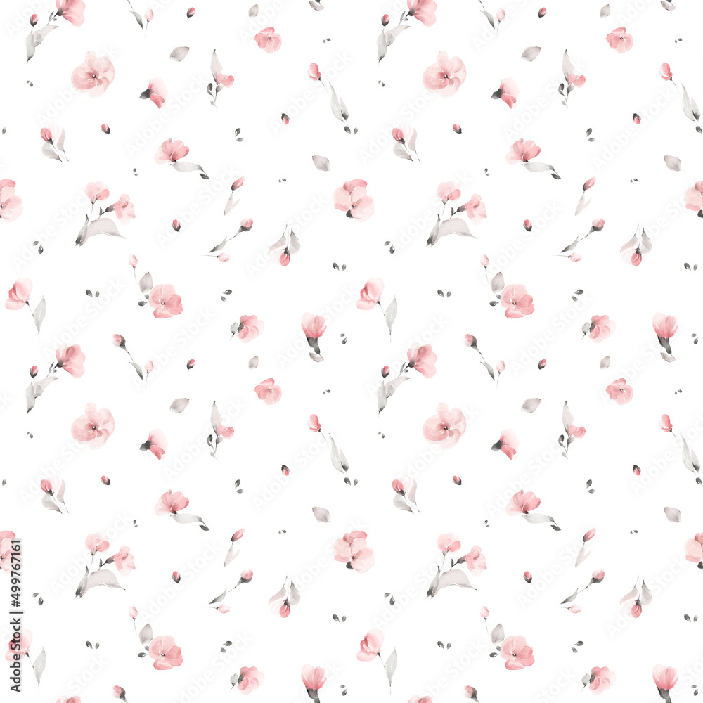 seamless floral watercolor pattern with garden pink flowers, grey leaves, branches. Botanic tile, background.