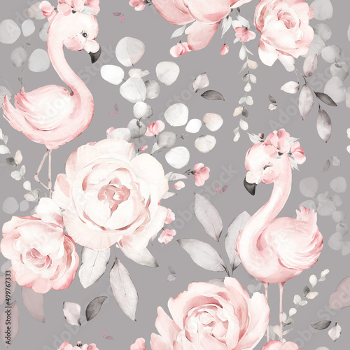 seamless floral watercolor pattern with garden pink flowers roses, peonies, leaves and baby flamingo. Botanic tile, background.