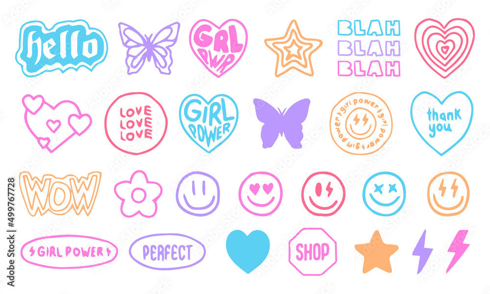 Cool Girly Stickers Pack. Trendy Y2K Hand Drawn Patches. Pop Art Elements.  Stock Vector