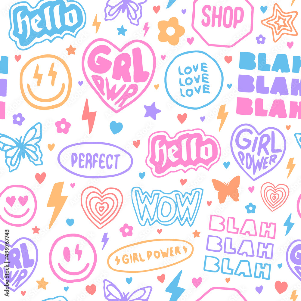 Cool Hand Drawn Girly Stickers Collage Seamless Pattern. Girl Patches  Background Vector Design. Stock Vector