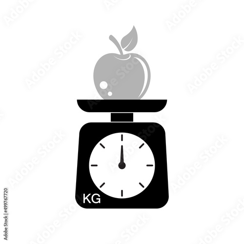 Weigh apples on a scale in a store or market. Flat vector illustration isolated on white background.