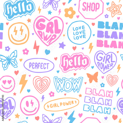 Cool Hand Drawn Girly Stickers Collage Seamless Pattern. Girl Patches Background Vector Design.