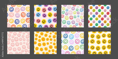 Set of Groovy Flower Seamless Pattern. Cool Y2K Floral Background. Retro Blossom Funky Backdrop Vector Illustration.