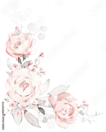 Set watercolor pink flowers, garden roses, peonies. collection leaves, branches. Botanic illustration isolated on white background.