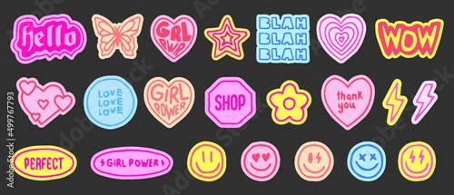 Collection of Cool Cute Hand Drawn Stickers Vector Design. Trendy Girly Patches Collection. Smile Emotions.. photo