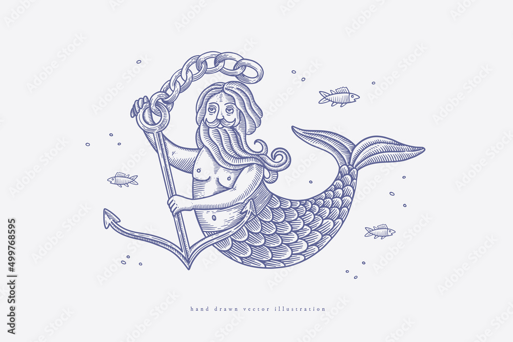 Hand-drawn male mermaid with anchor in engraving style. Medieval mythical  creature symbol of the sea. Fantasy character for card design, logo, label,  tattoo. Vintage illustration. Stock Vector | Adobe Stock