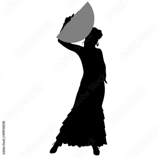 Black silhouette of slender flamenco dancer in beautiful dress and fan in her hand