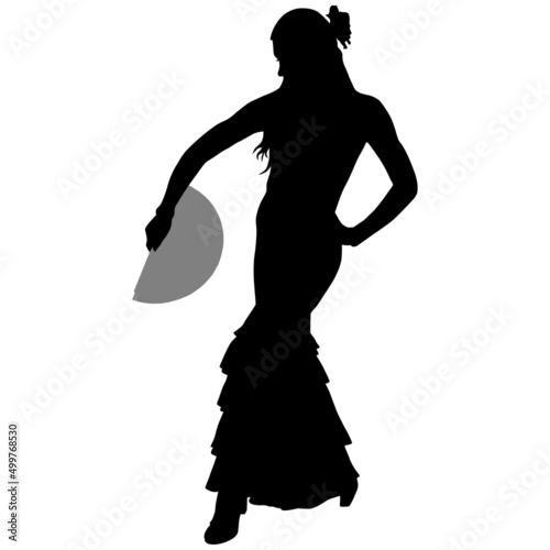 Silhouette of slender flamenco dancer in beautiful dress and fan in her hand