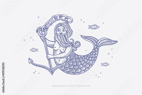 Hand-drawn male mermaid with anchor in engraving style. Medieval mythical creature symbol of the sea. Fantasy character for card design, logo, label, tattoo. Vintage illustration.